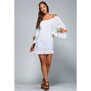 Velzera 100% Cotton Striped Off Shoulder Embroidered Boho Dress/Tunic/Coverup S